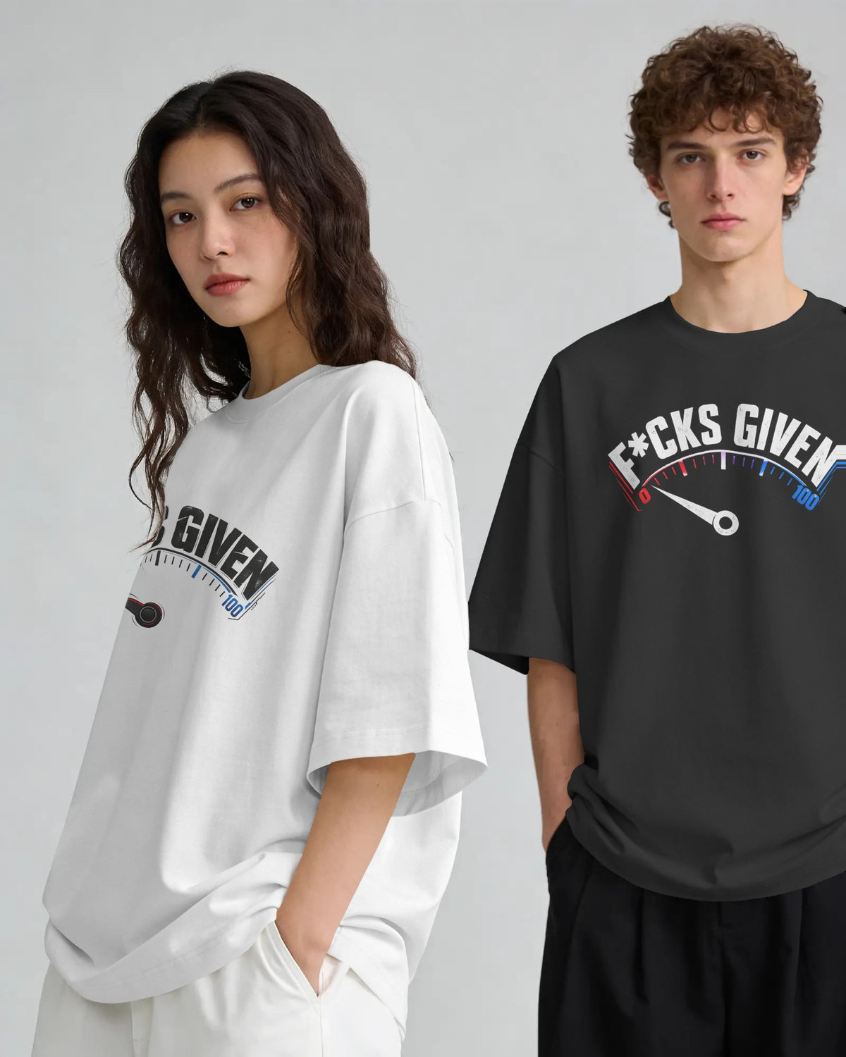 Black and white 0 FKS GIVEN graphic t-shirts on models