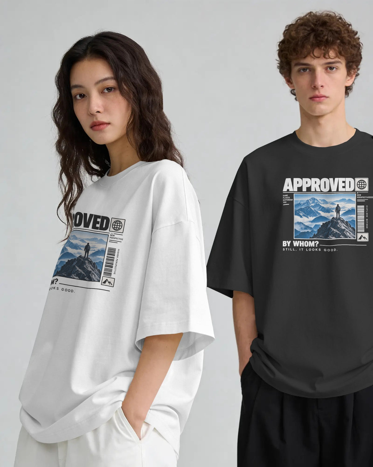 Black and white Approved graphic t-shirts on models