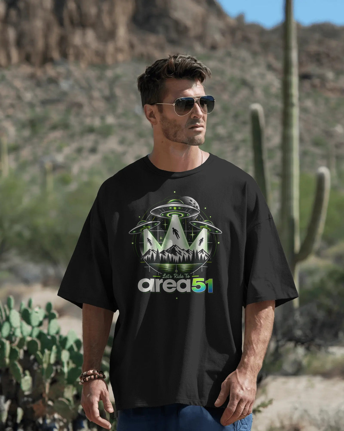 Black Area 51 graphic t-shirt front model view