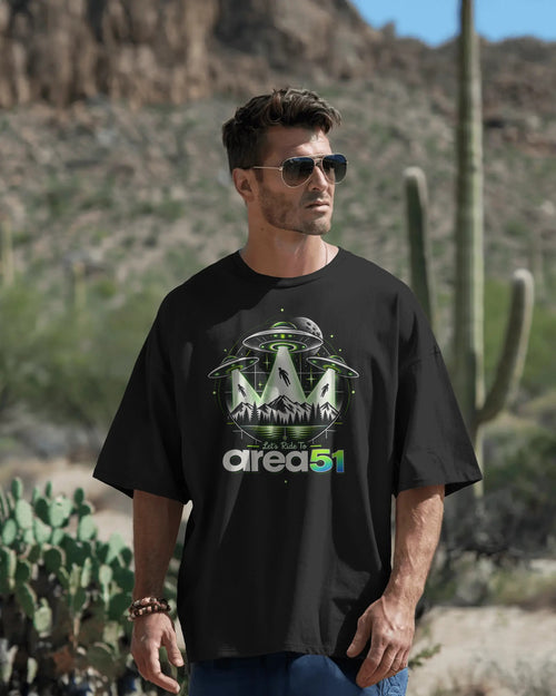 Black Area 51 graphic t-shirt front model view
