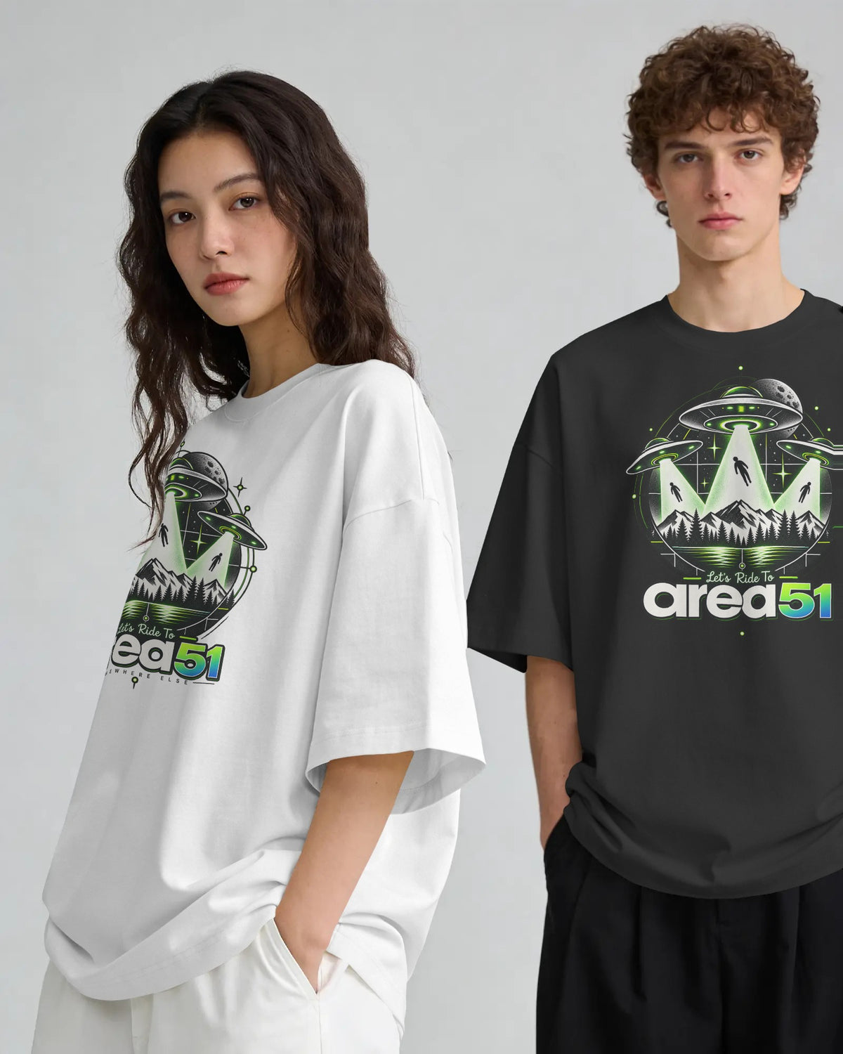 Black and white Area 51 graphic t-shirts on models