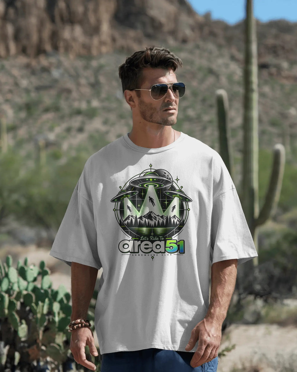 White Area 51 graphic t-shirt front model view