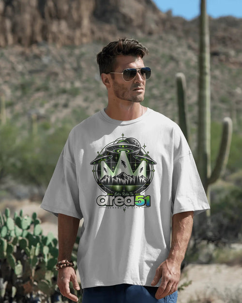 White Area 51 graphic t-shirt front model view