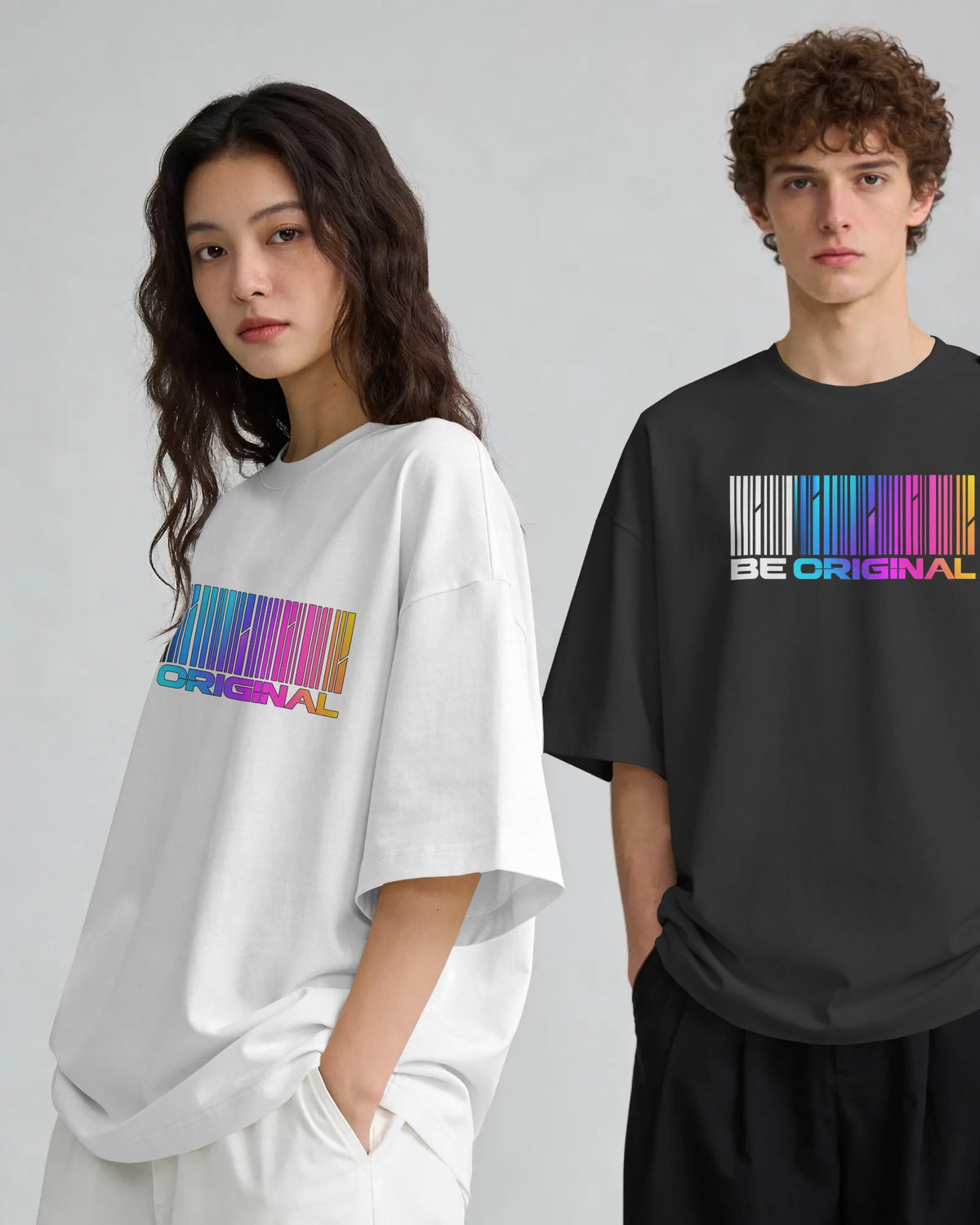 Black and white Be Original graphic t-shirts on models
