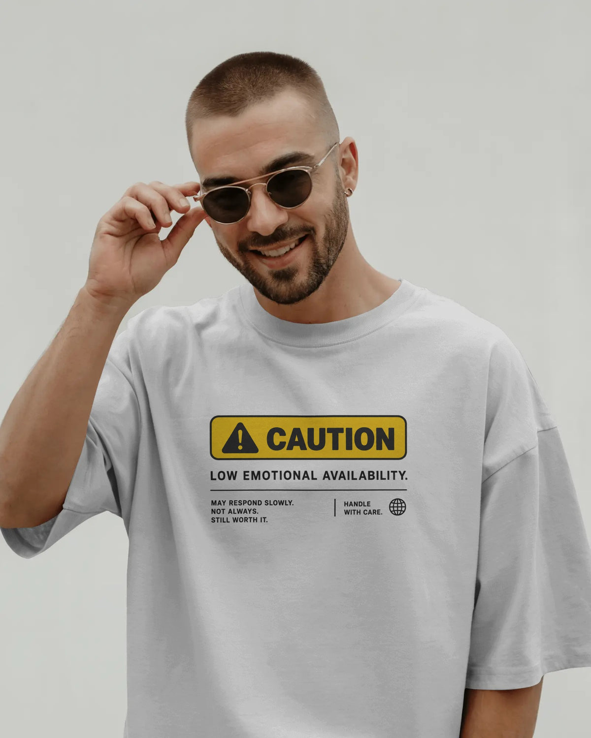 White Caution graphic t-shirt front model view