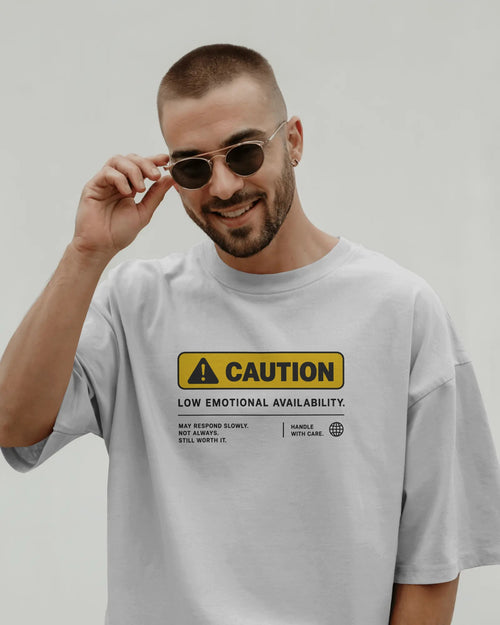 White Caution graphic t-shirt front model view