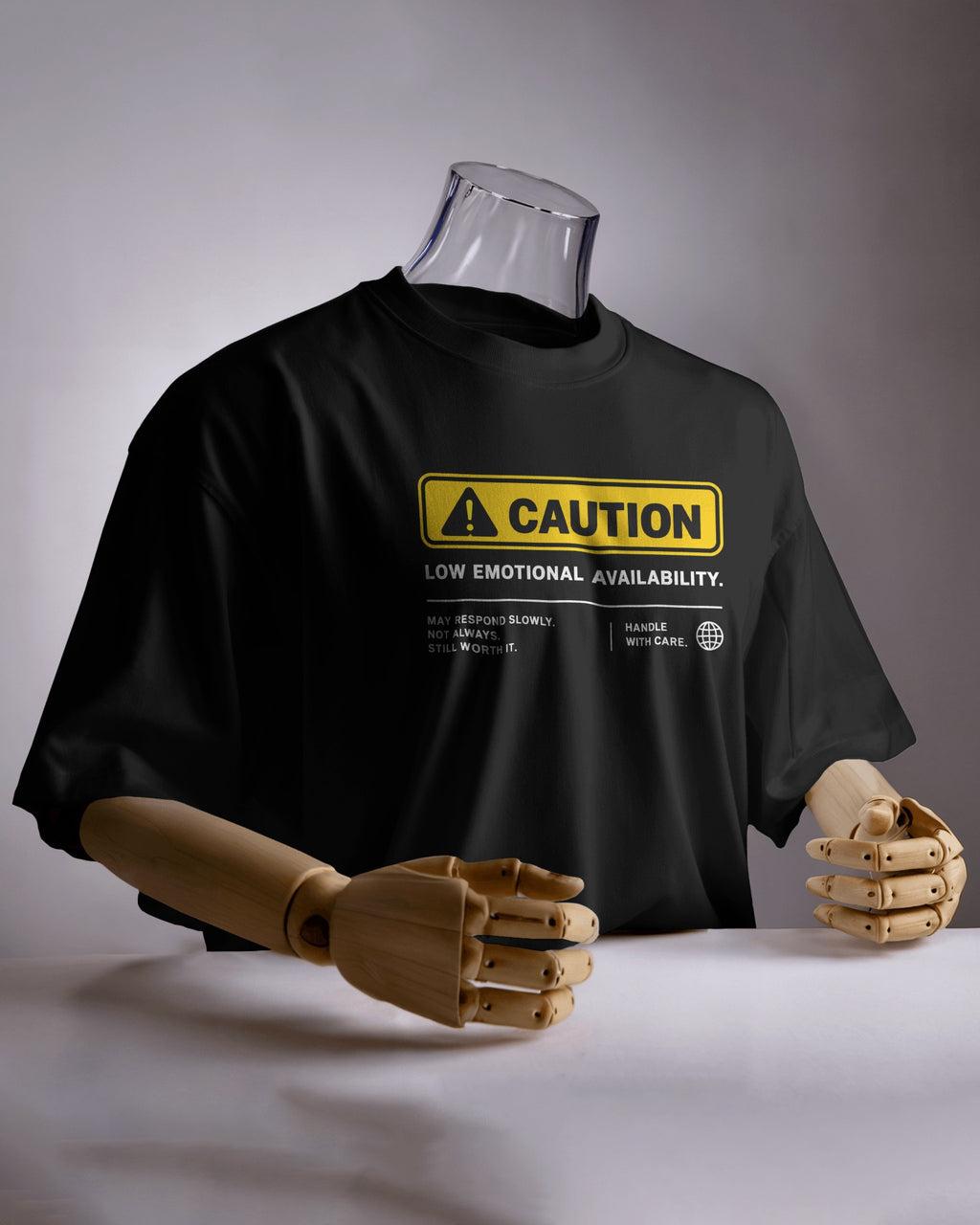 Black Caution graphic t-shirt product mockup