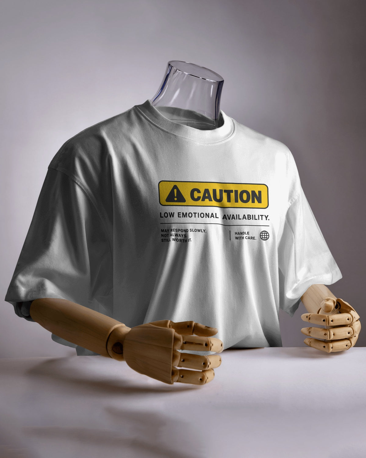 White Caution graphic t-shirt product mockup