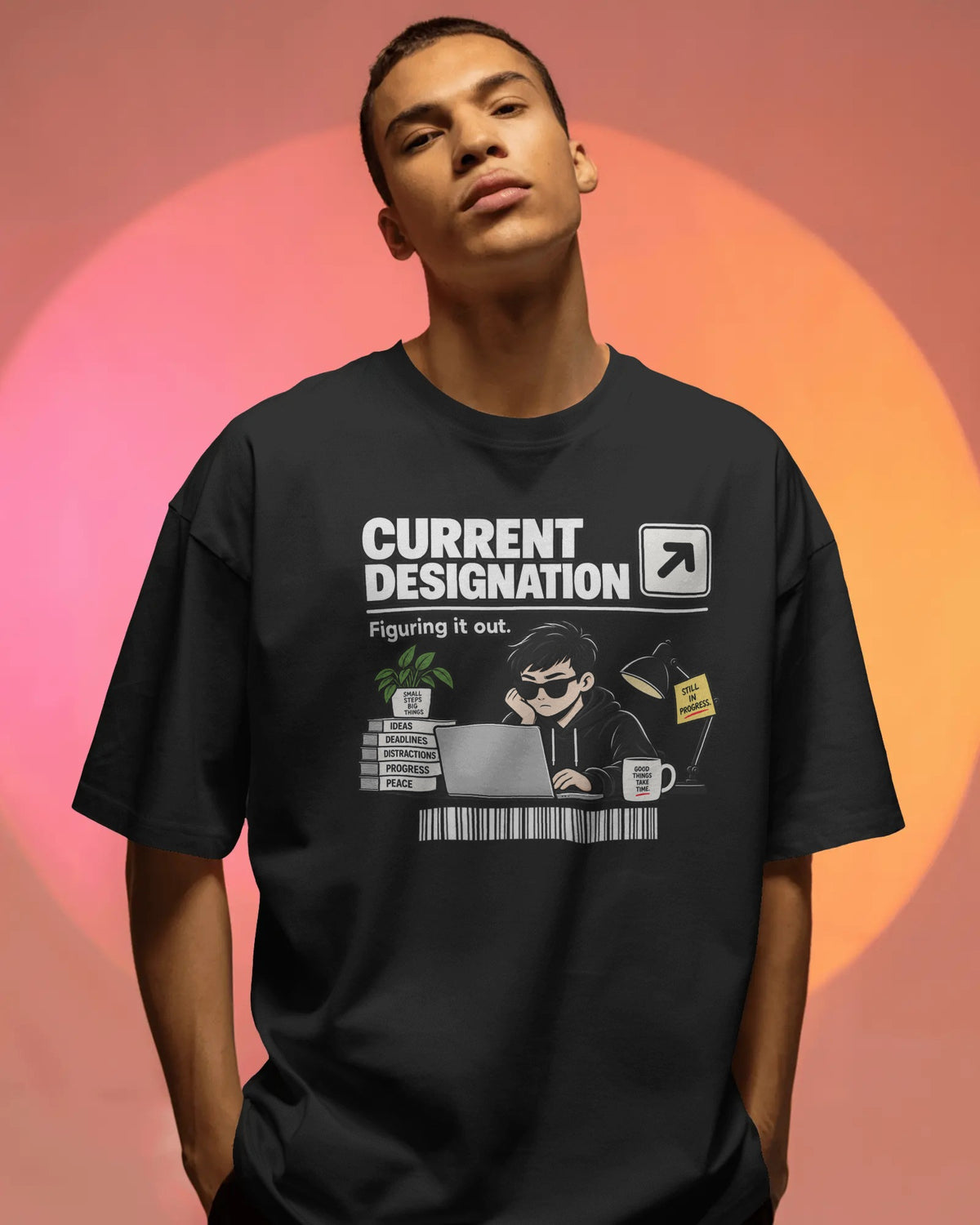Black Current Designation graphic t-shirt front model view