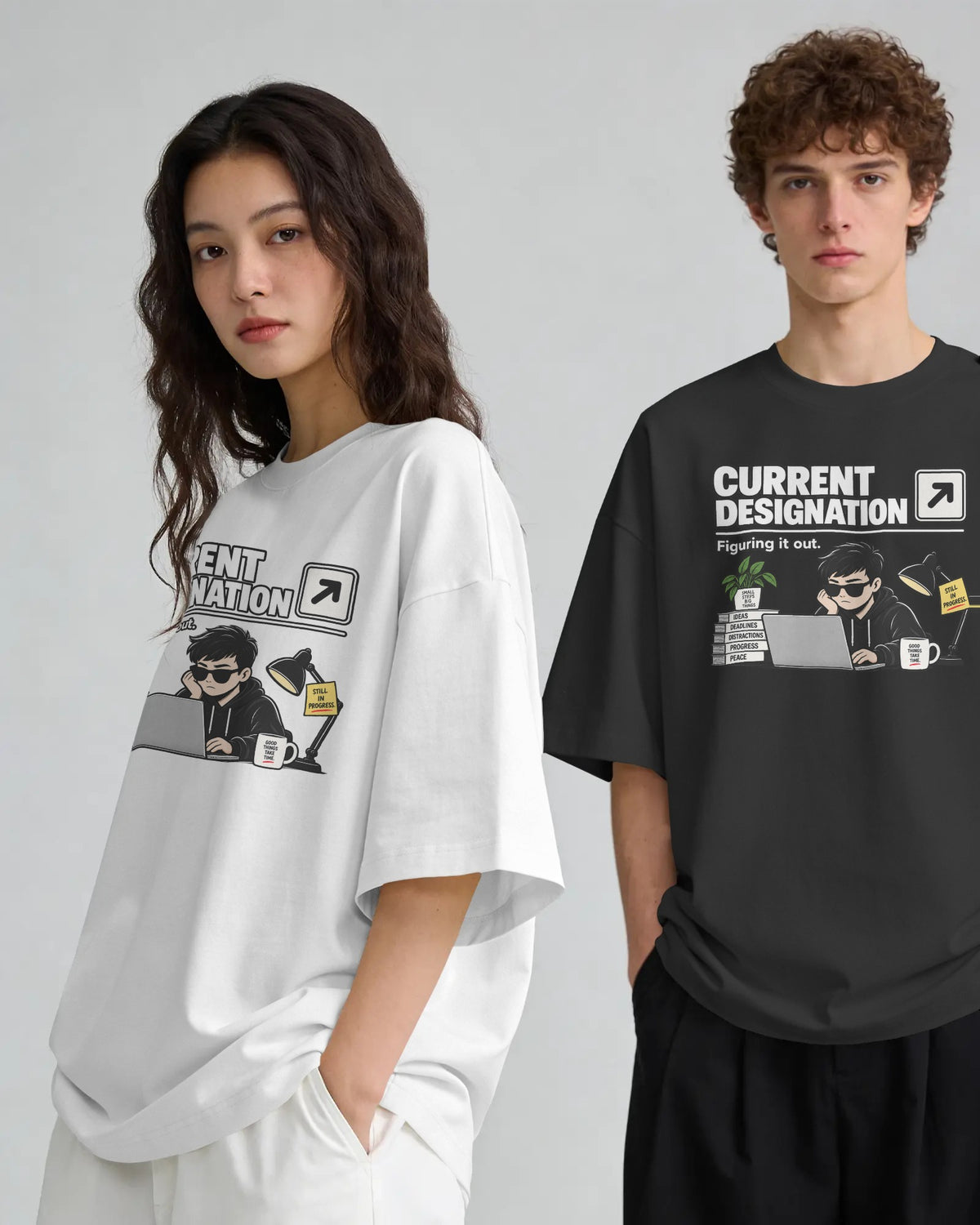 Black and white Current Designation graphic t-shirts on models
