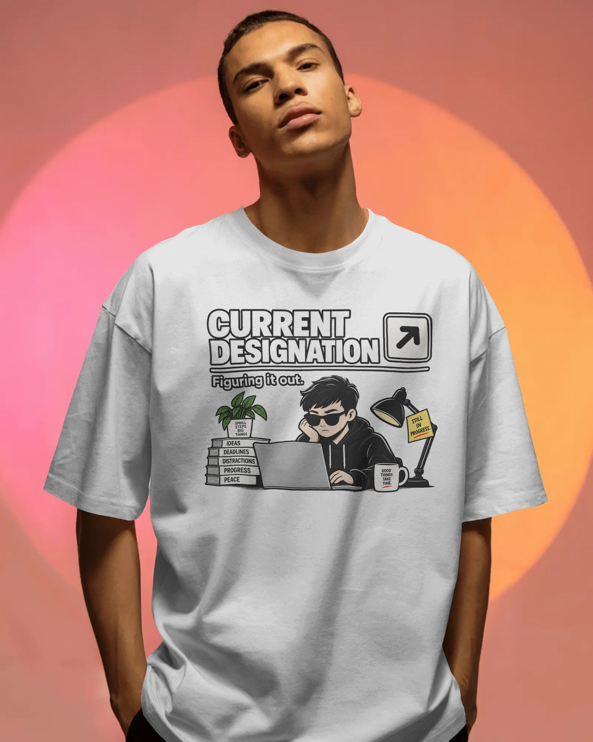 White Current Designation graphic t-shirt front model view