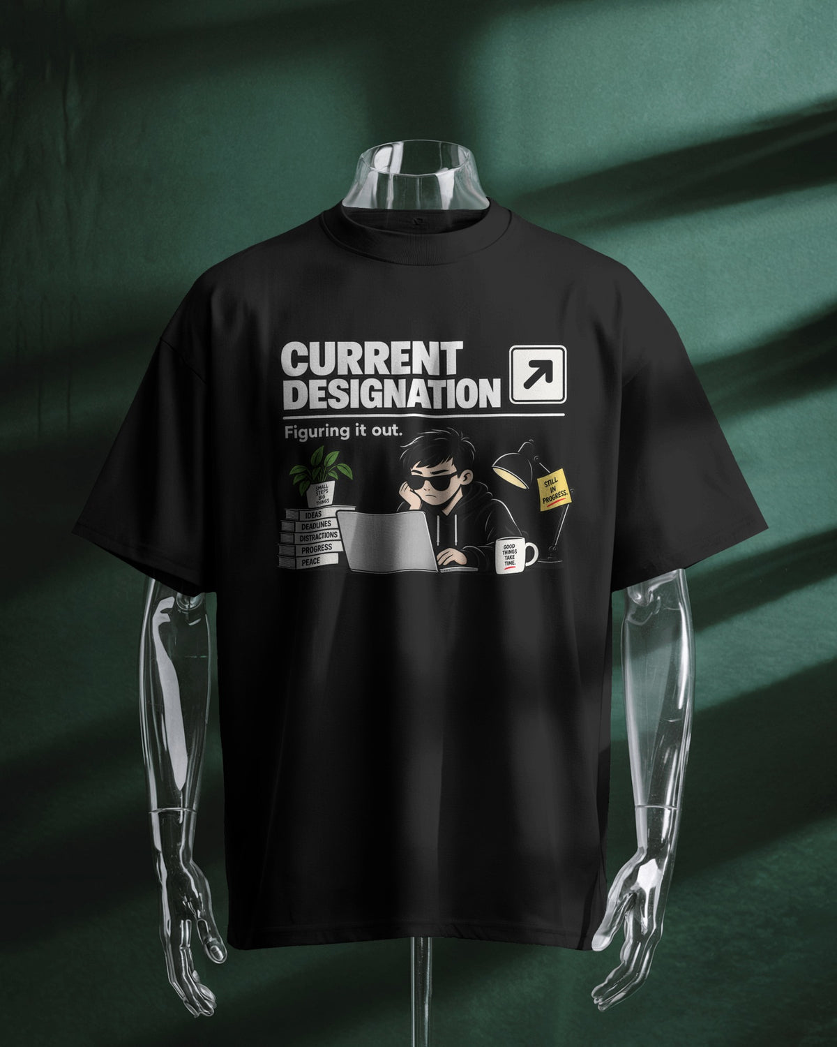 Black Current Designation graphic t-shirt product mockup