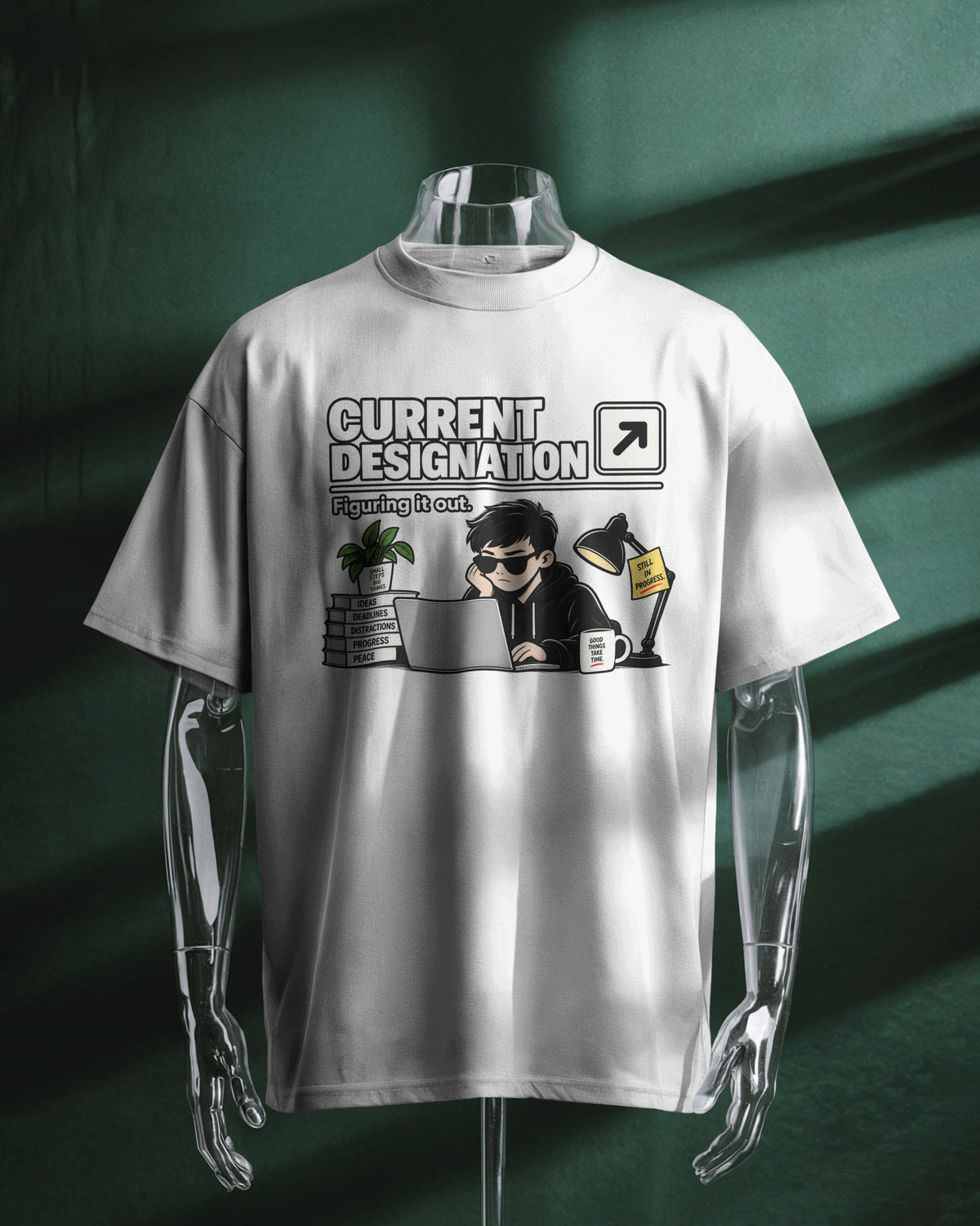 White Current Designation graphic t-shirt product mockup