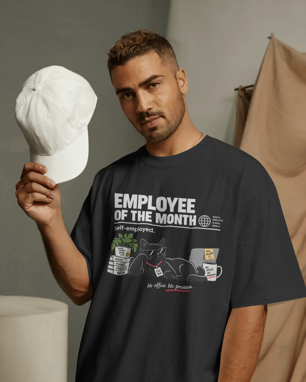 Black Employee of the Month graphic t-shirt front model view