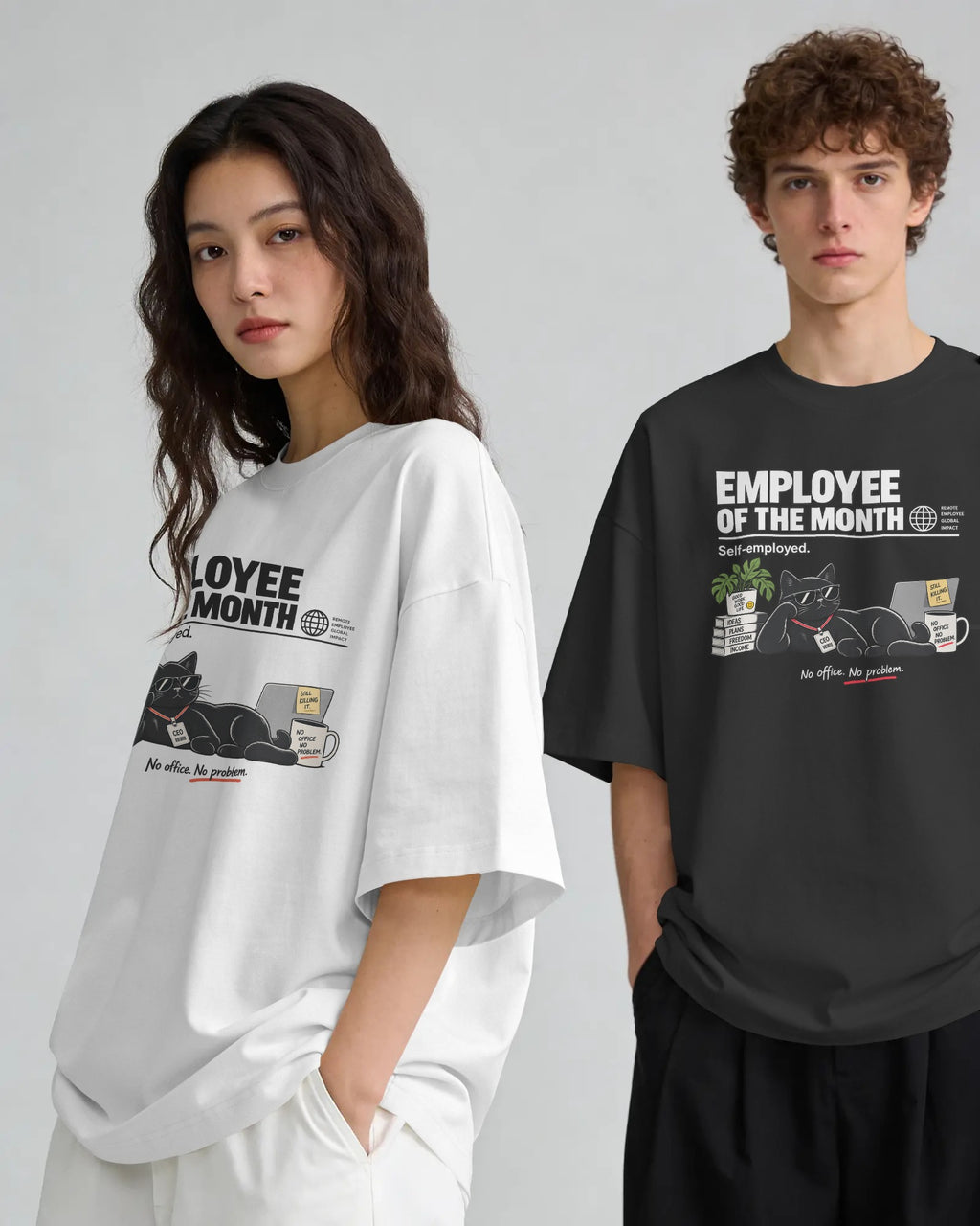 Black and white Employee of the Month graphic t-shirts on models