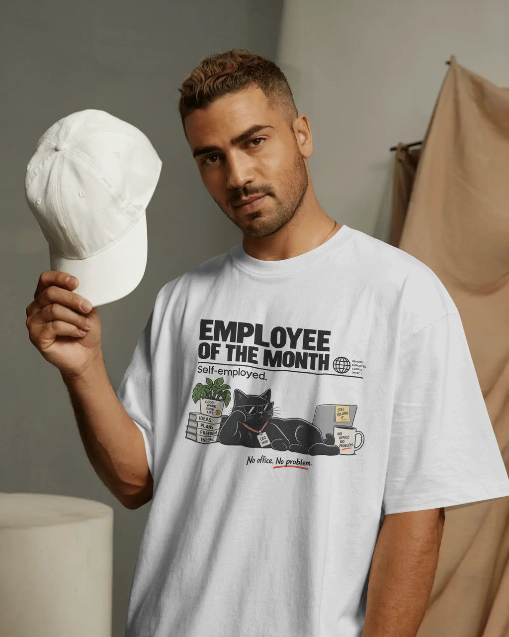 White Employee of the Month graphic t-shirt front model view
