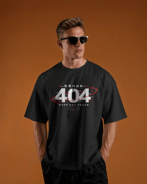 Black Error 404 graphic t-shirt front model view