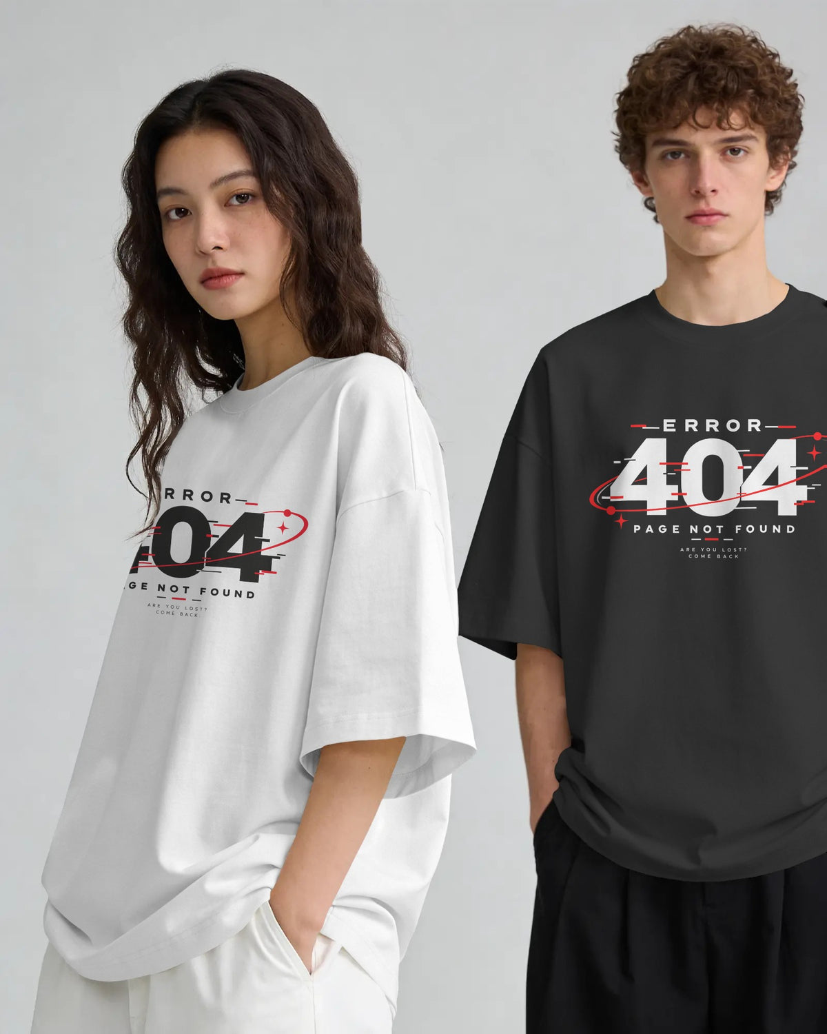 Black and white Error 404 graphic t-shirts on models