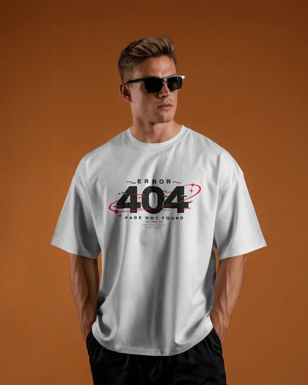 White Error 404 graphic t-shirt front model view