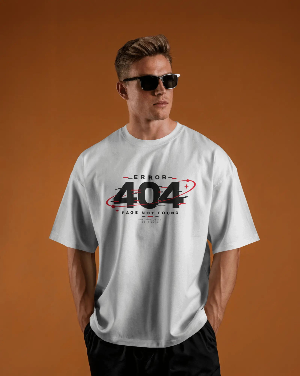 White Error 404 graphic t-shirt front model view