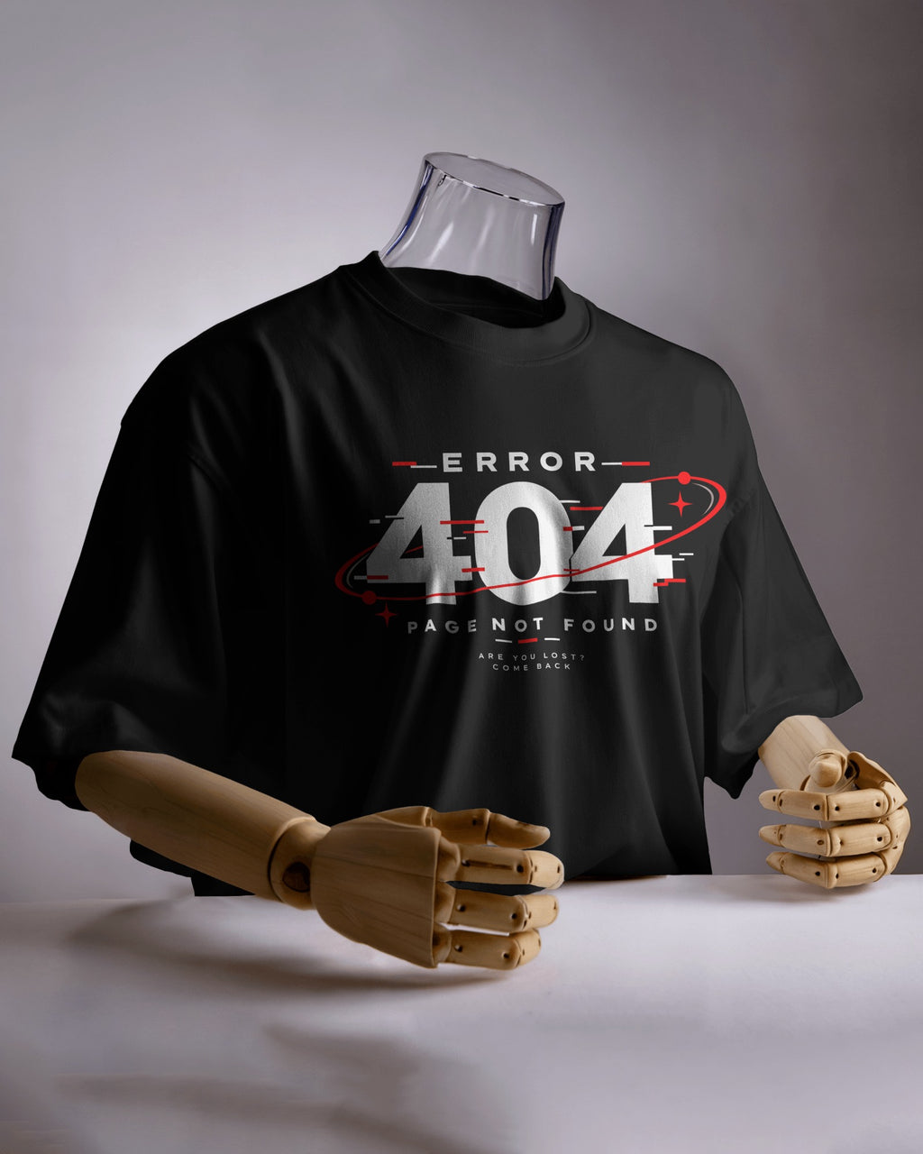 Black Error 404 graphic t-shirt product mockup