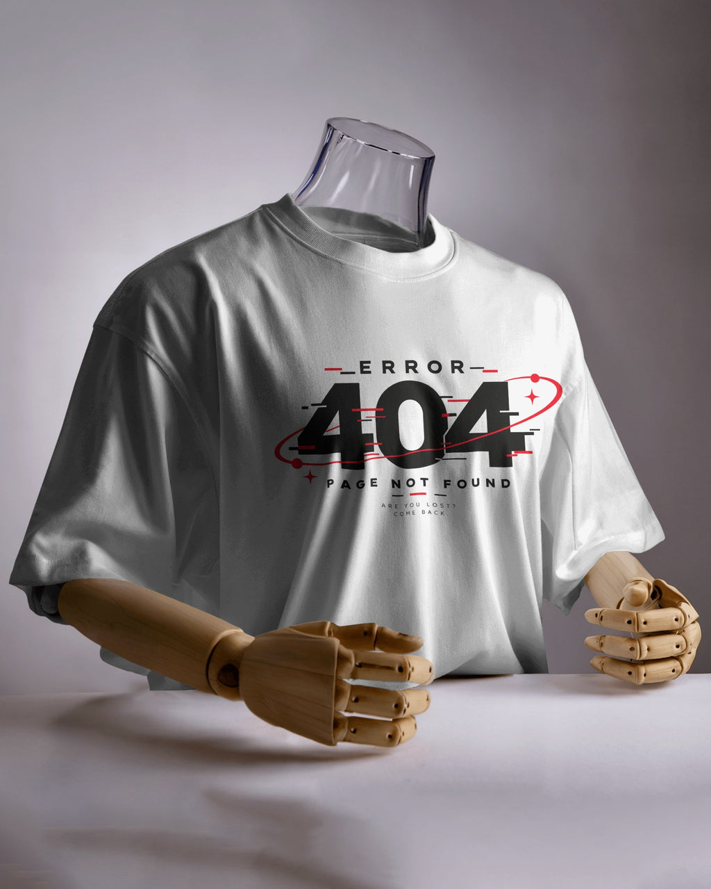White Error 404 graphic t-shirt product mockup