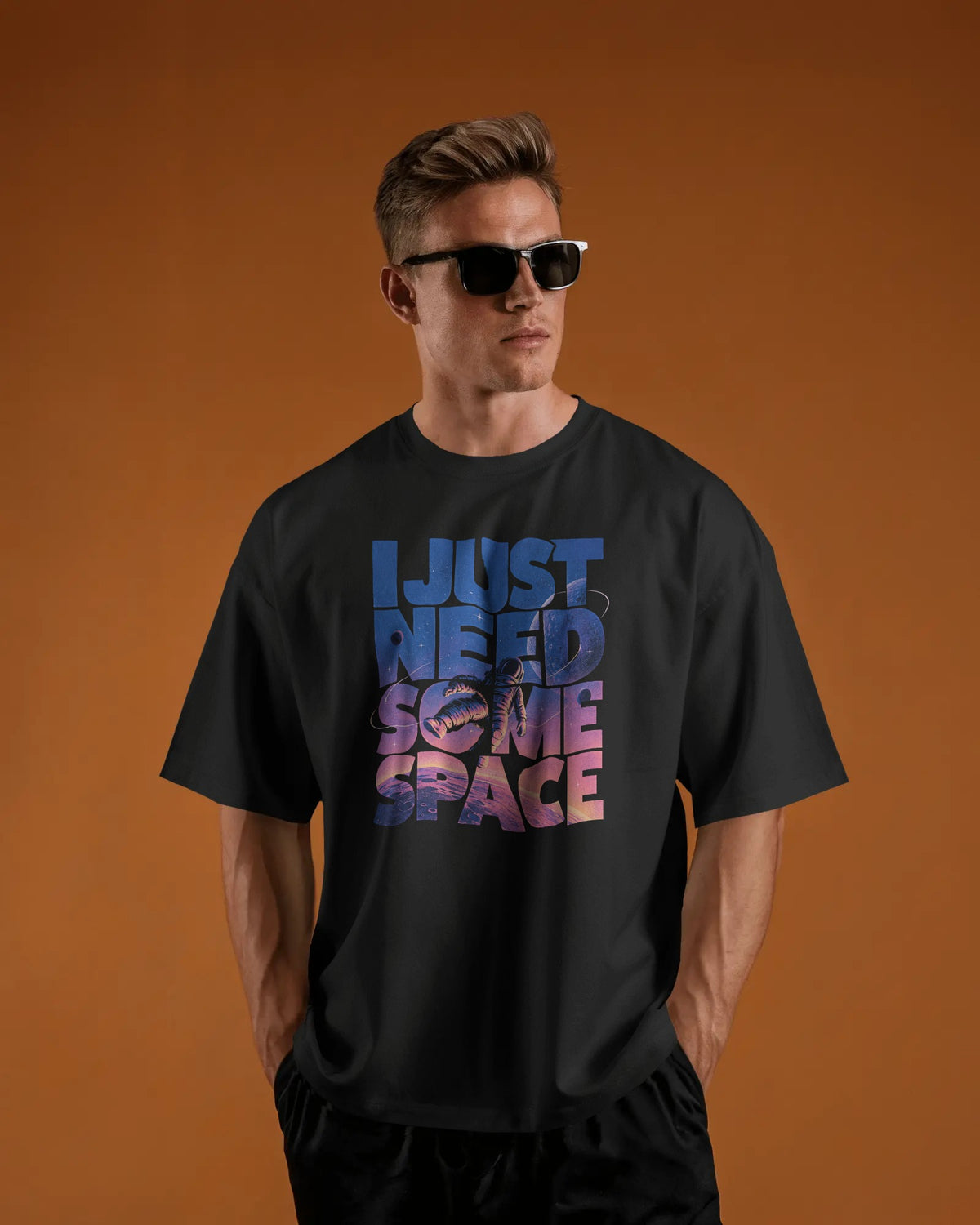 Black I Need Some Space graphic t-shirt front model view