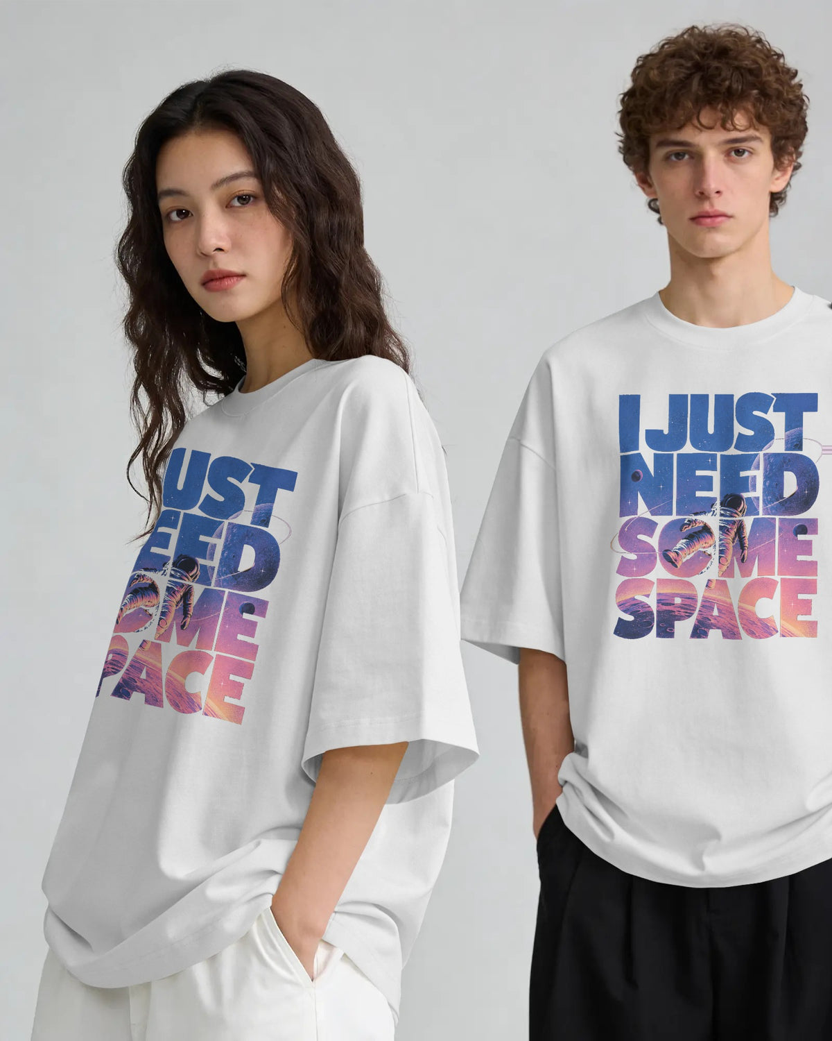 Black and white I Need Some Space graphic t-shirts on models