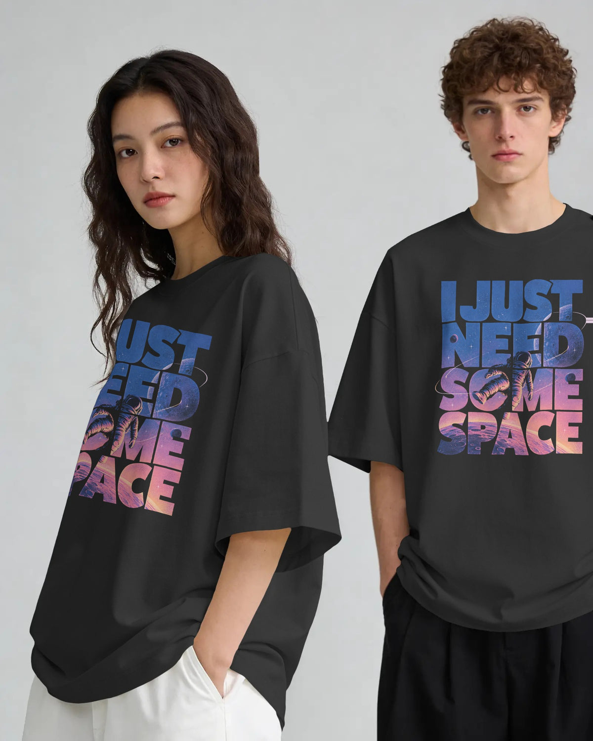 Black and white I Need Some Space graphic t-shirts on models