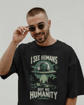 Black I See Humans graphic t-shirt front model view