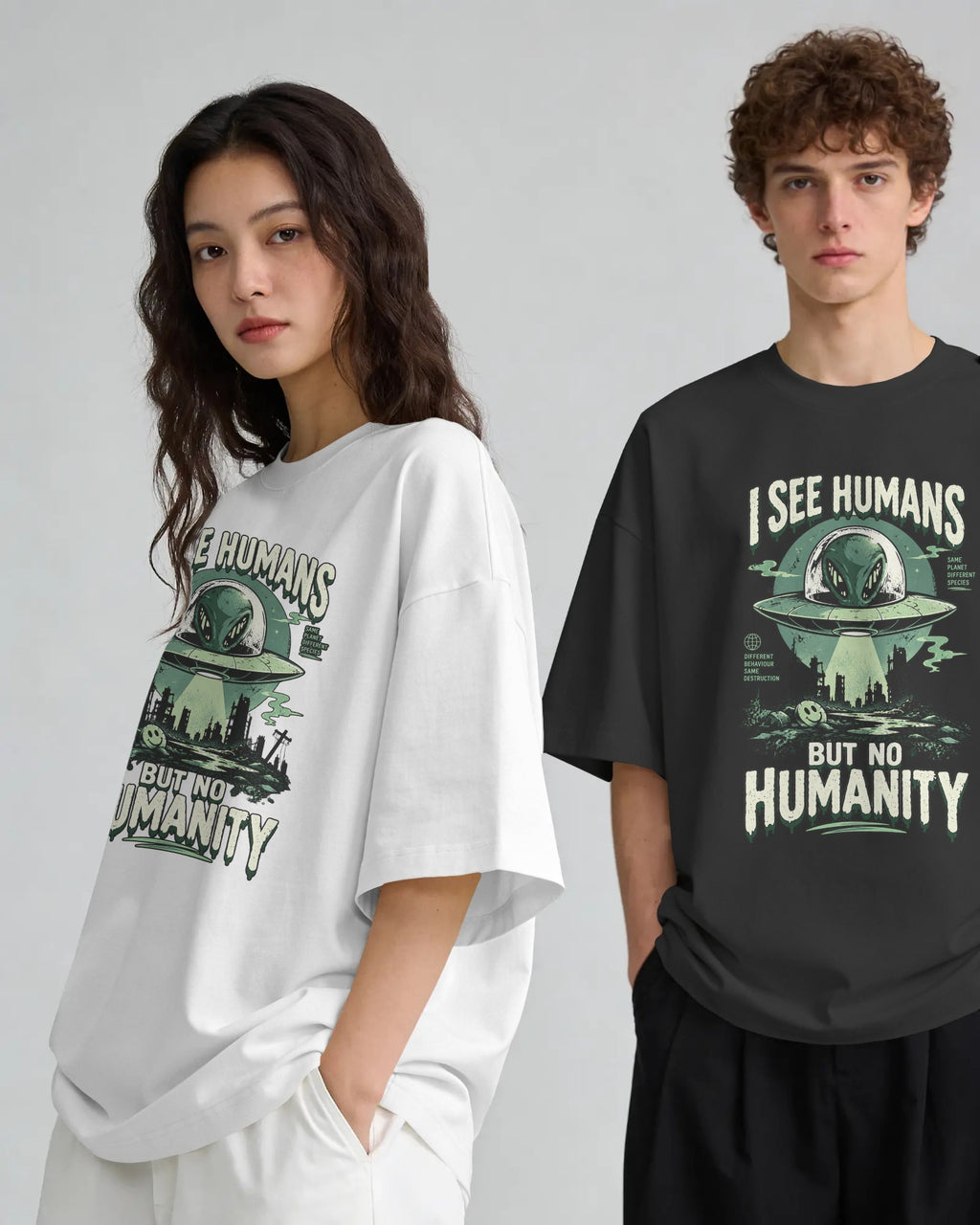 Black and white I See Humans graphic t-shirts on models