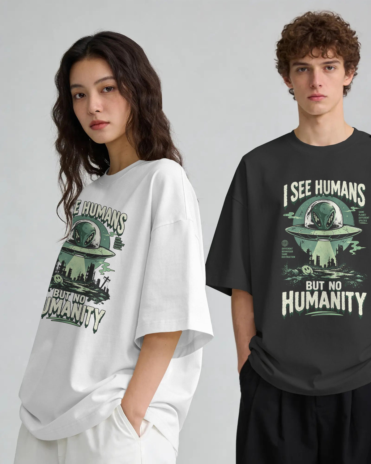 Black and white I See Humans graphic t-shirts on models