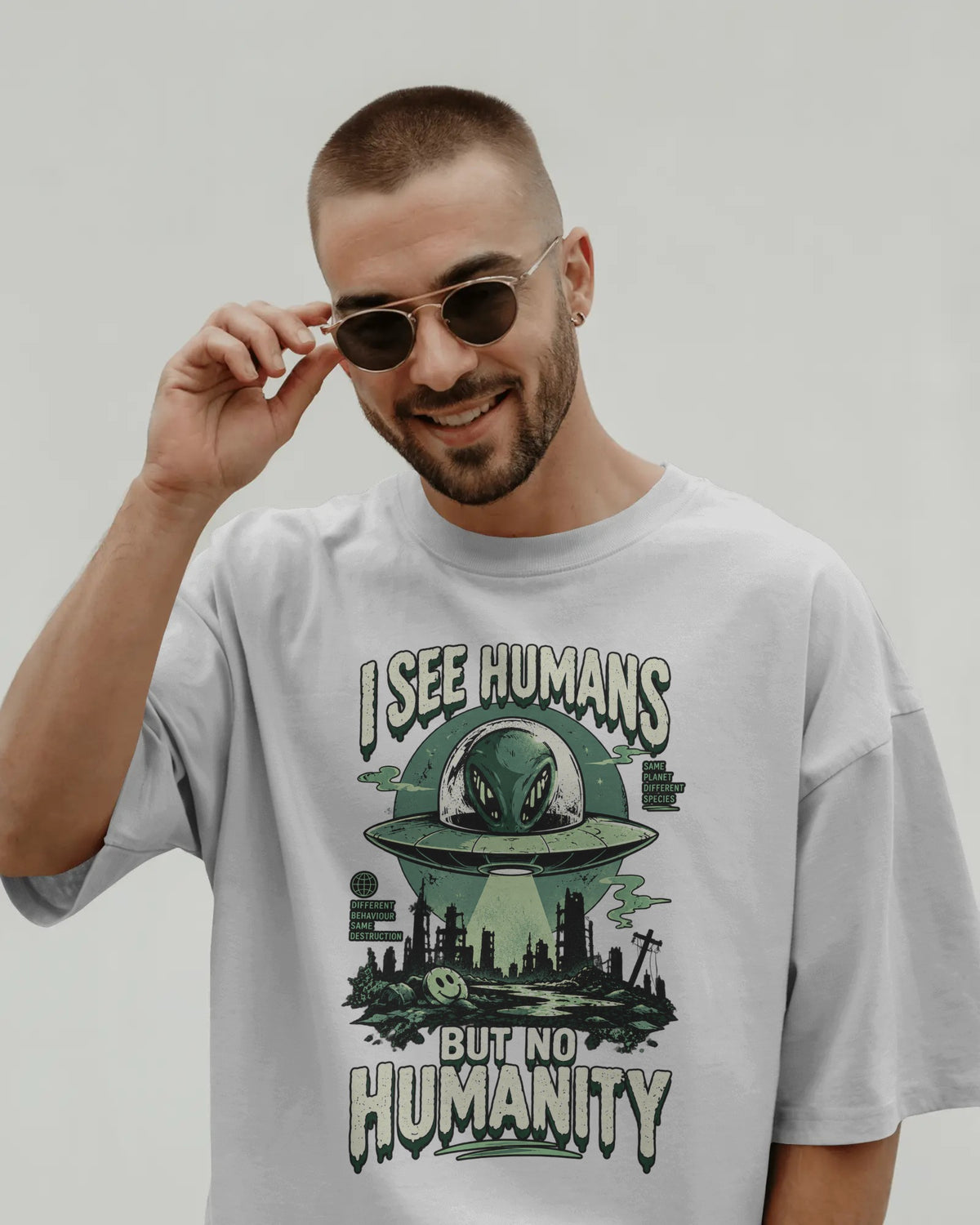 White I See Humans graphic t-shirt front model view