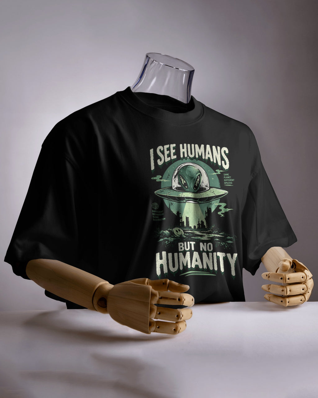 Black I See Humans graphic t-shirt product mockup