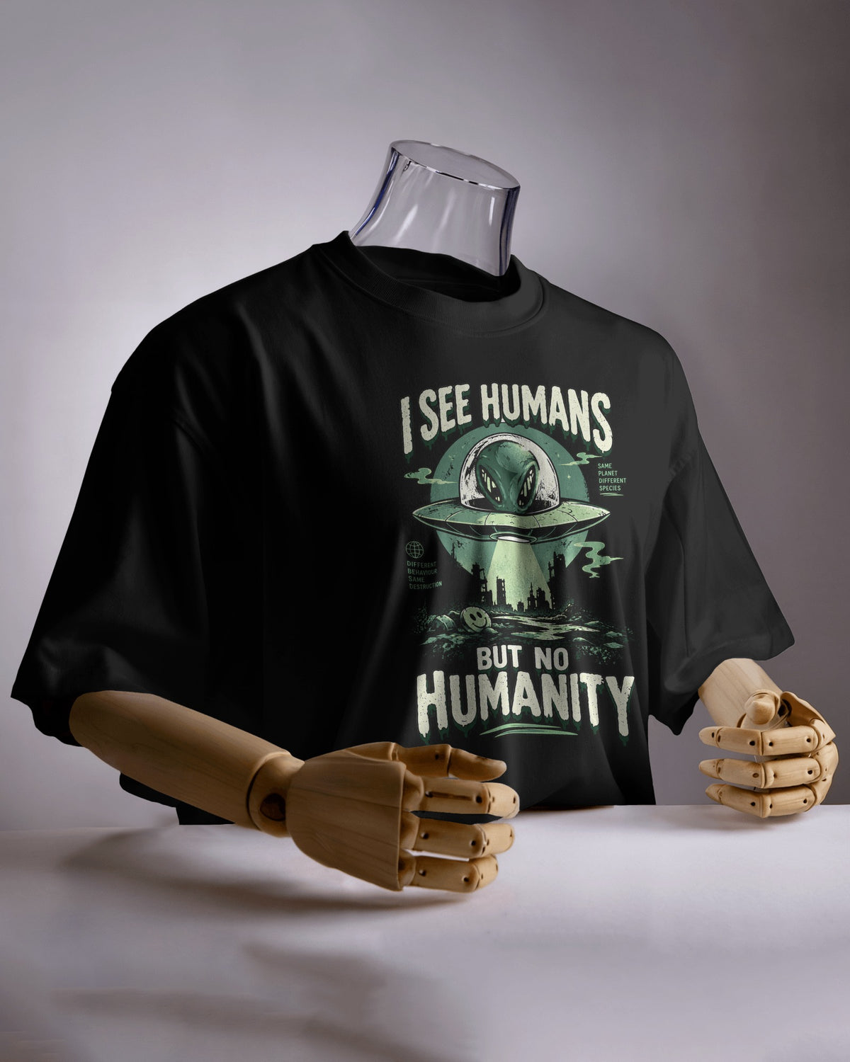 Black I See Humans graphic t-shirt product mockup