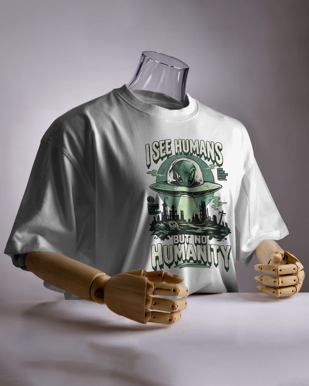 White I See Humans graphic t-shirt product mockup