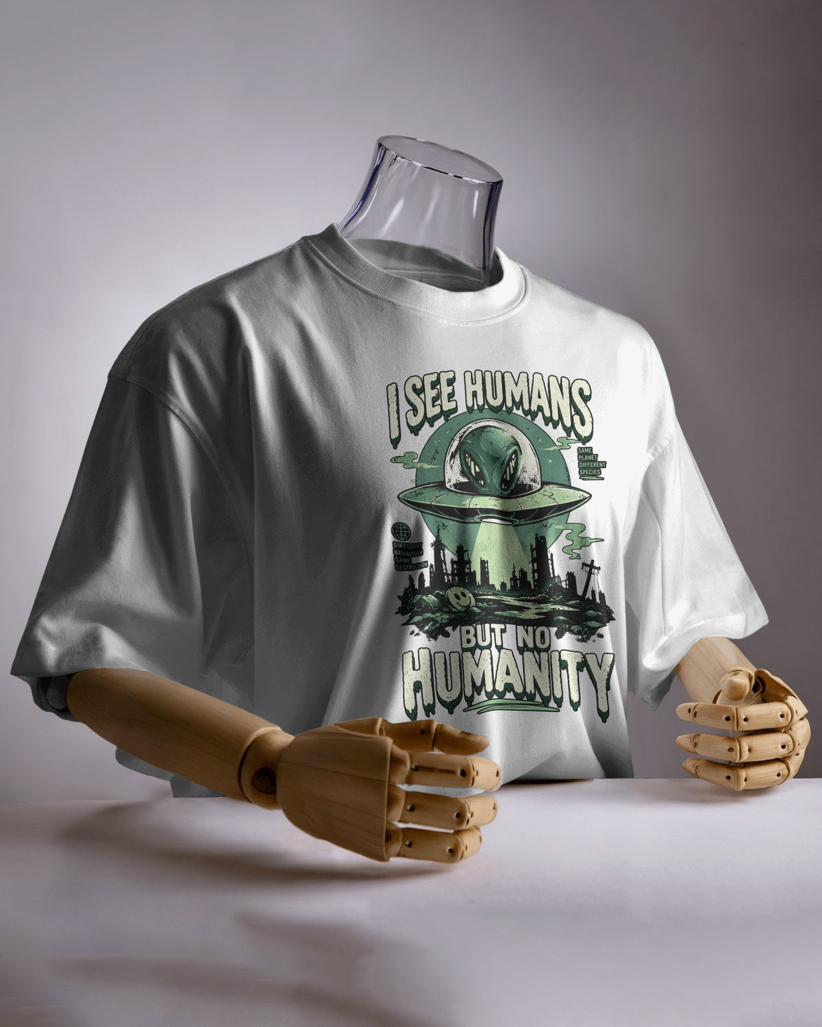 White I See Humans graphic t-shirt product mockup