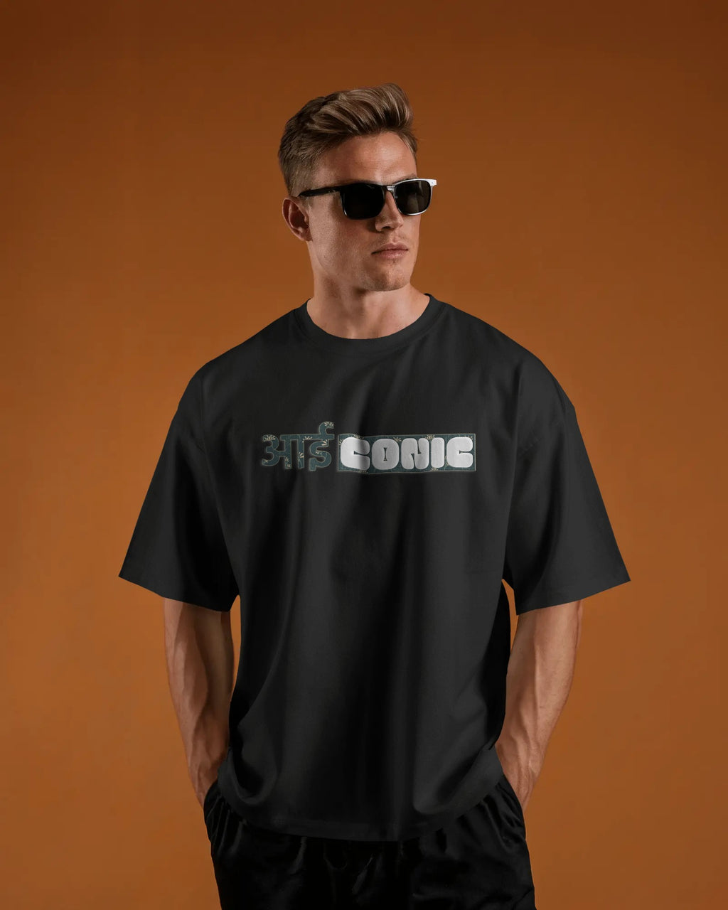 Black Iconic graphic t-shirt front model view