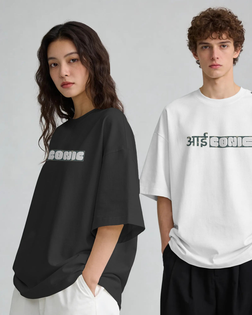 Black and white Iconic graphic t-shirts on models