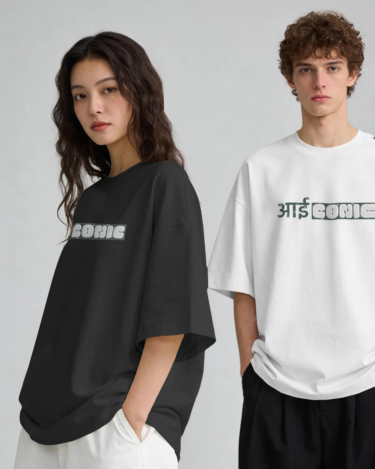 Black and white Iconic graphic t-shirts on models