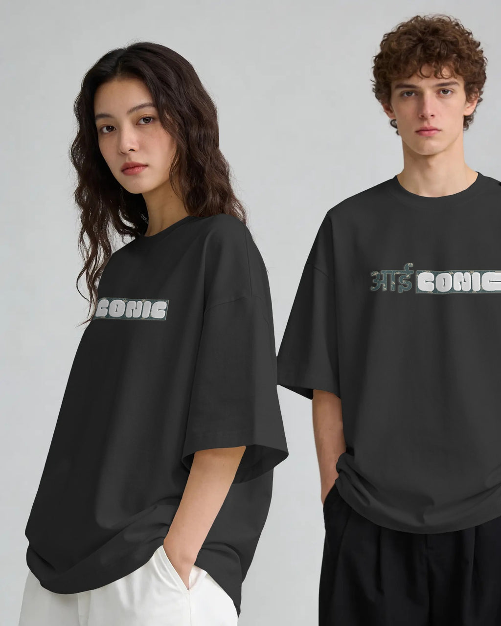 Black and white Iconic graphic t-shirts on models