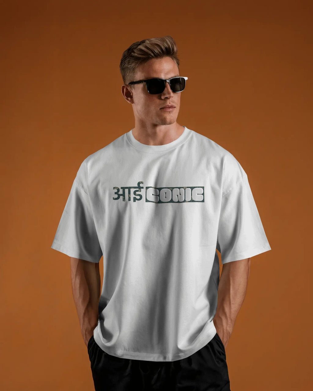 White Iconic graphic t-shirt front model view