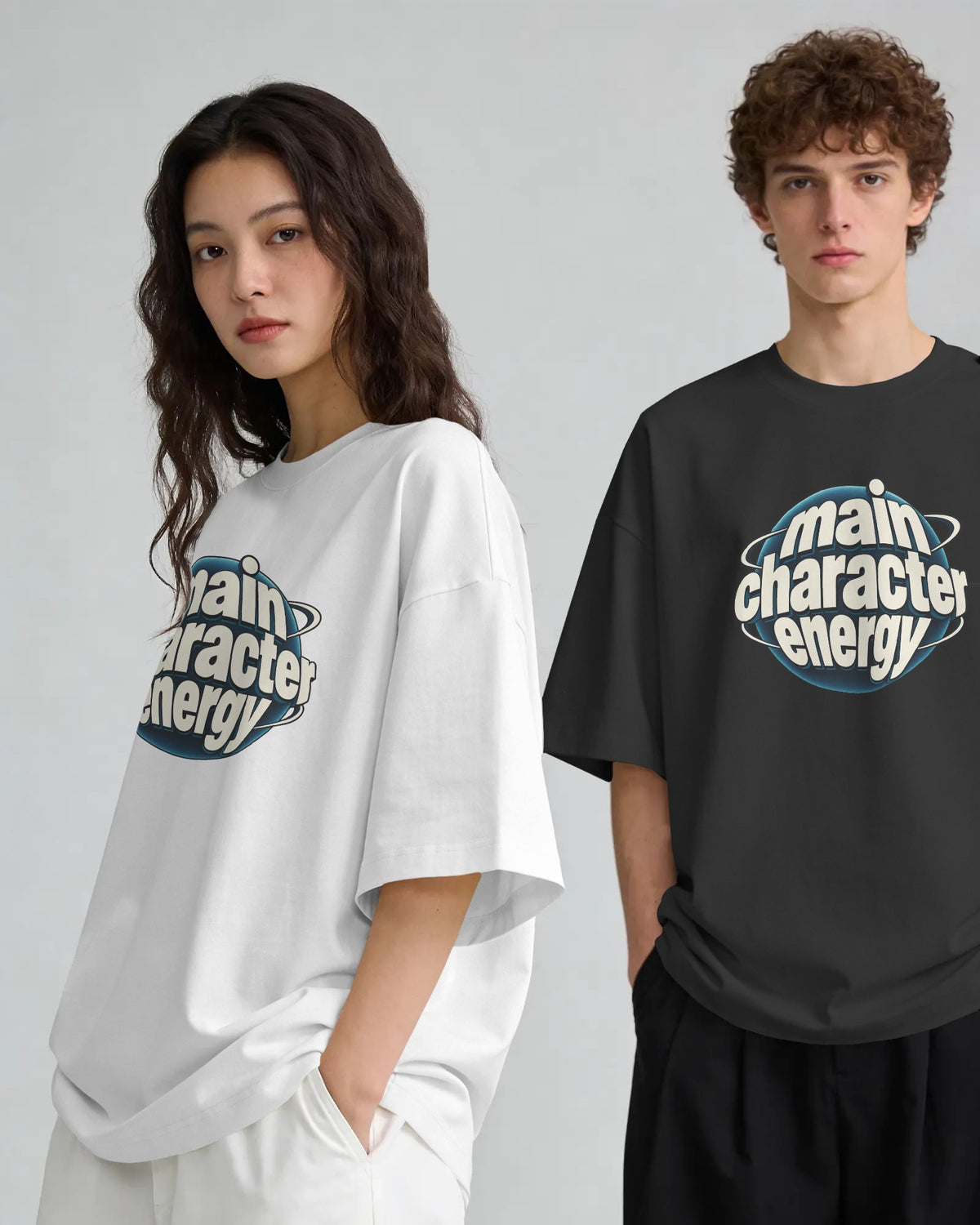 Black and white Main Character graphic t-shirts on models