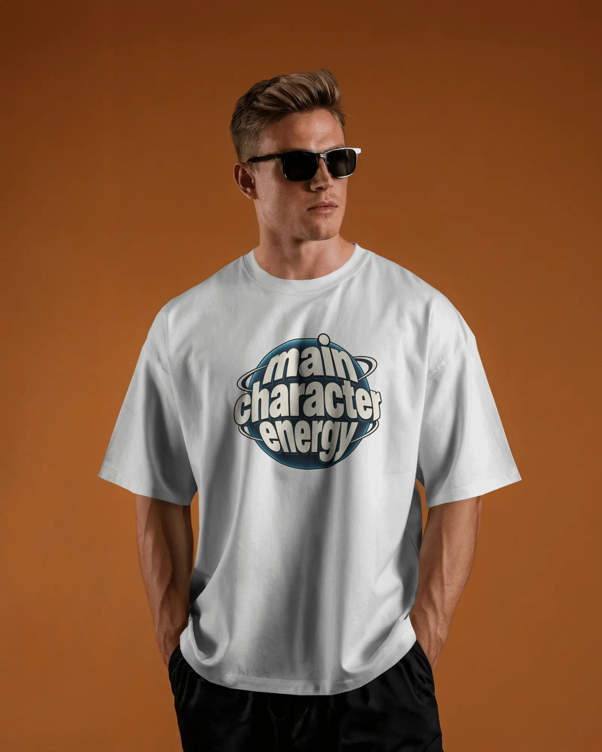 White Main Character graphic t-shirt front model view