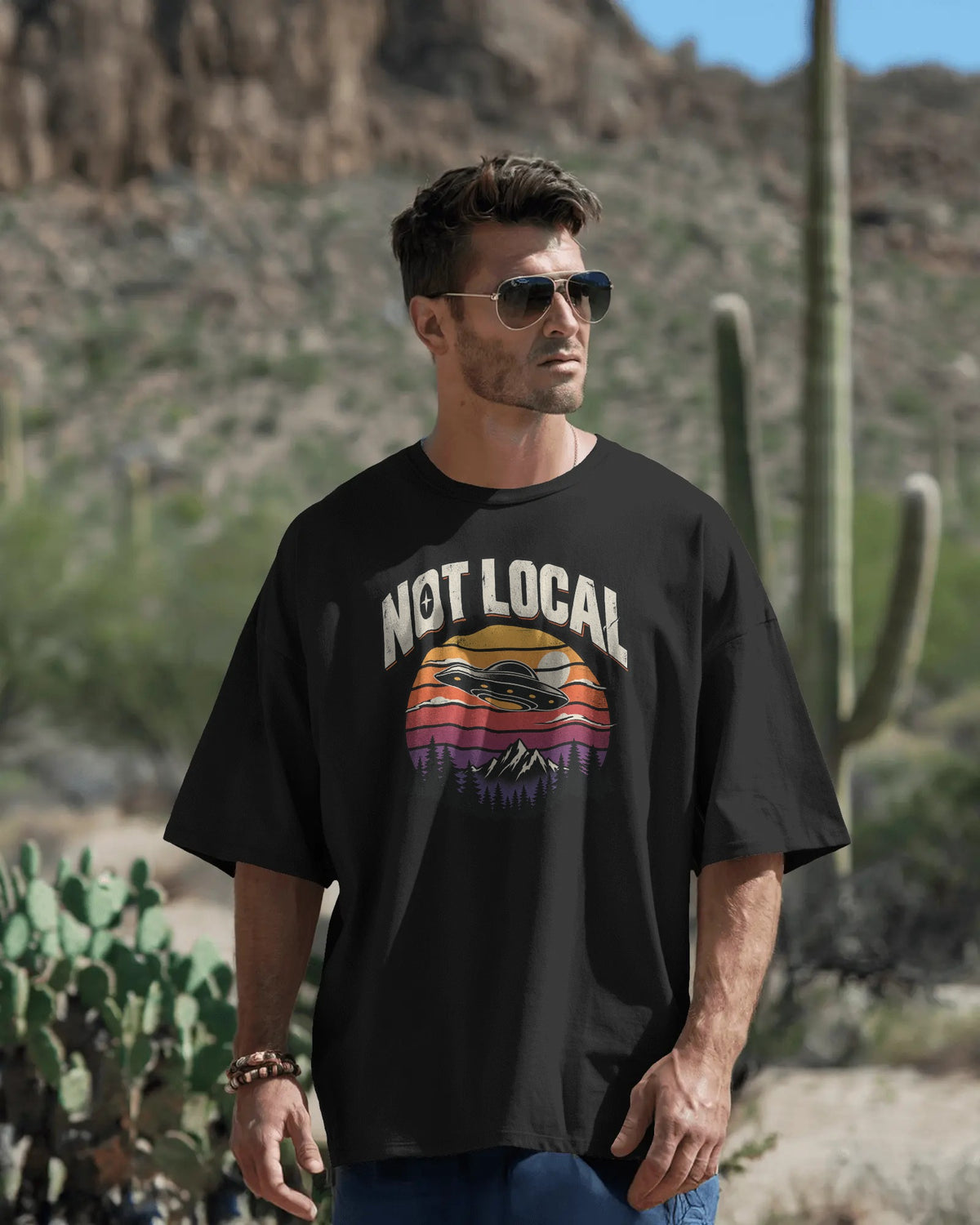 Black Not Local graphic t-shirt front model view