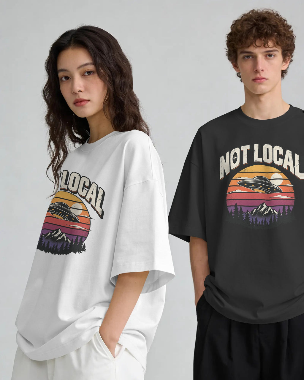 Black and white Not Local graphic t-shirts on models