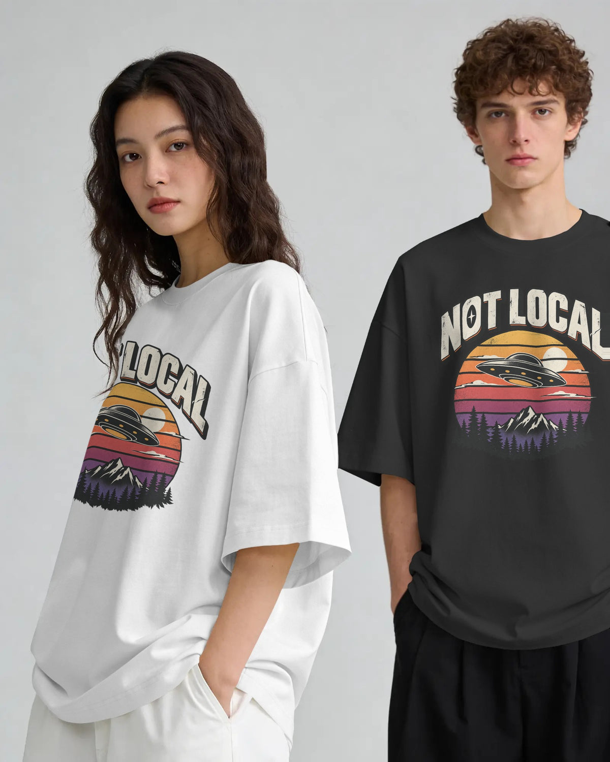 Black and white Not Local graphic t-shirts on models