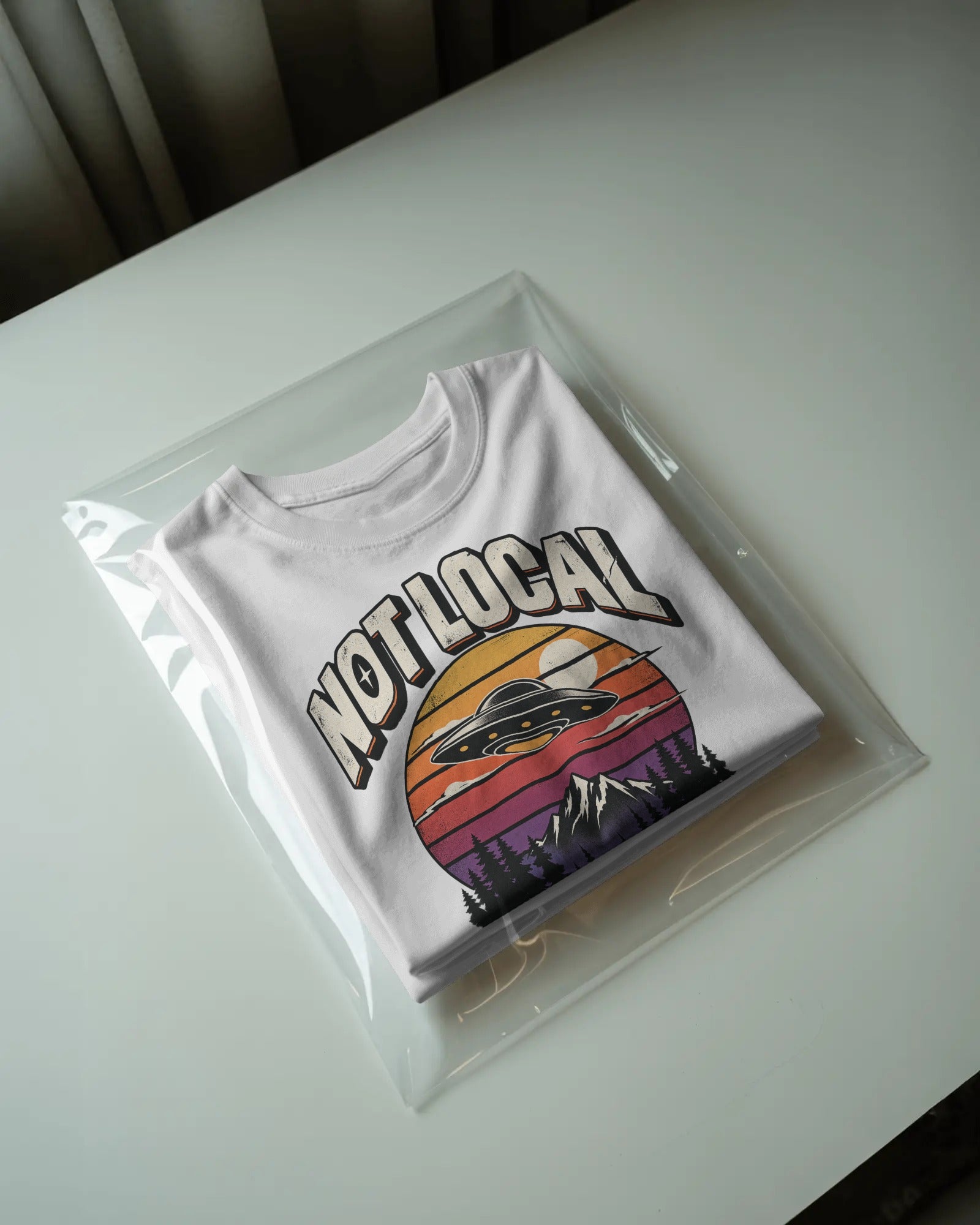 White Not Local graphic t-shirt packaged