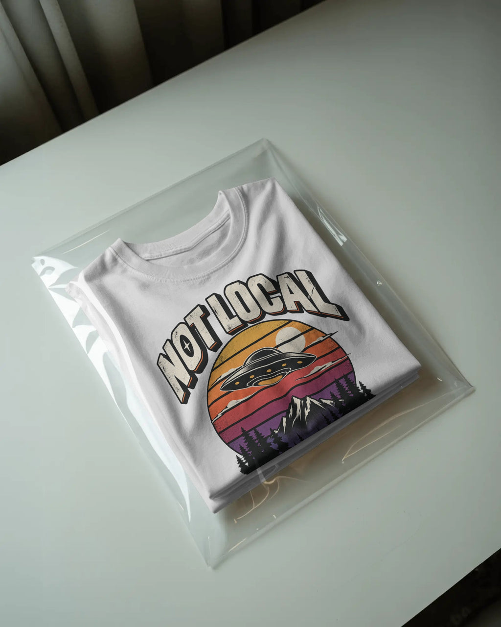 White Not Local graphic t-shirt packaged