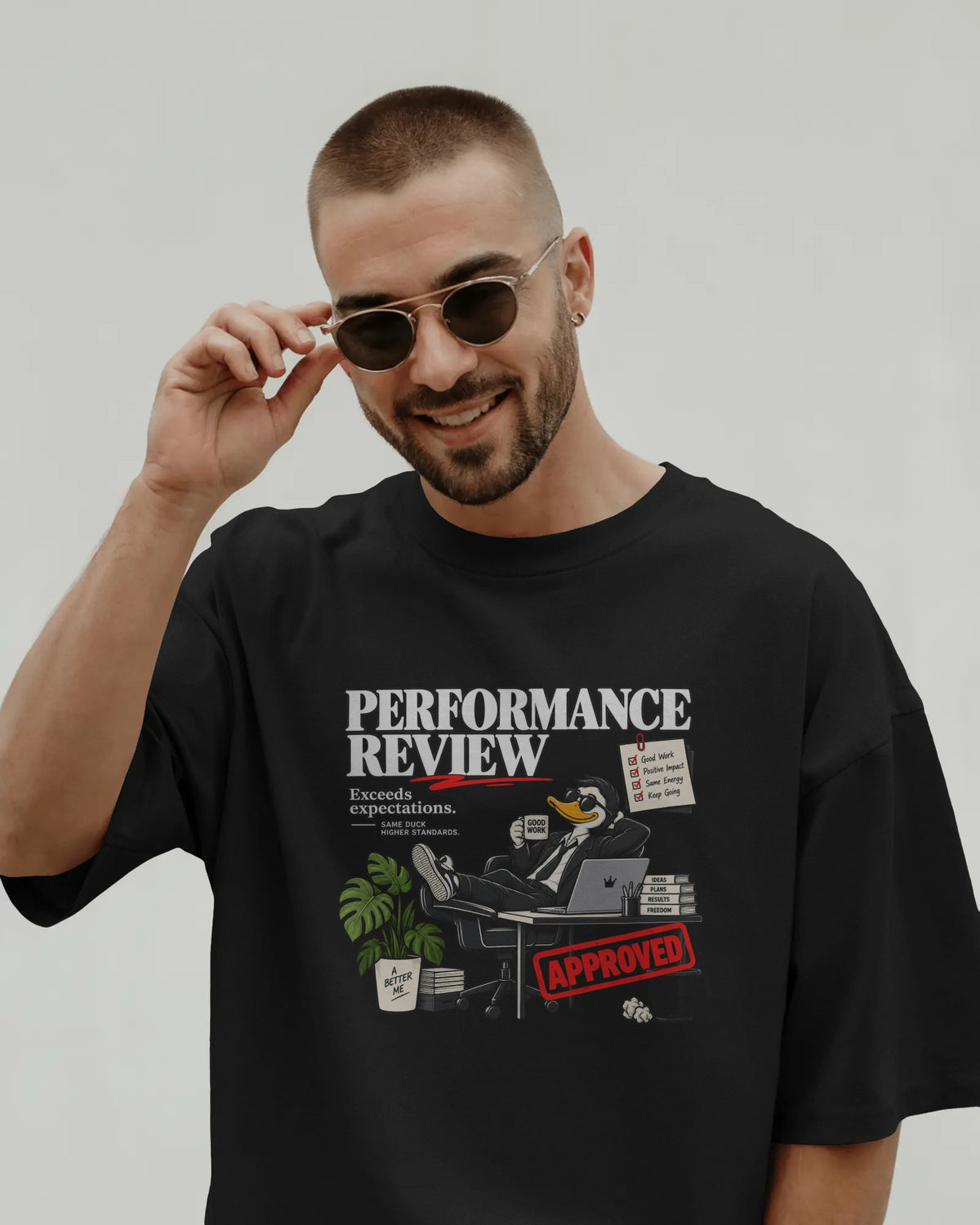 Black Performance Review graphic t-shirt front model view